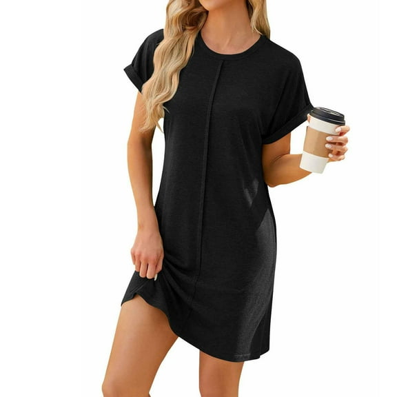 Uaswgudfs ​2025 Minimalist Round Neck Short Sleeve Dress - Asymmetric Hem & Summer Casual Midi Length for Daily Wear Black S