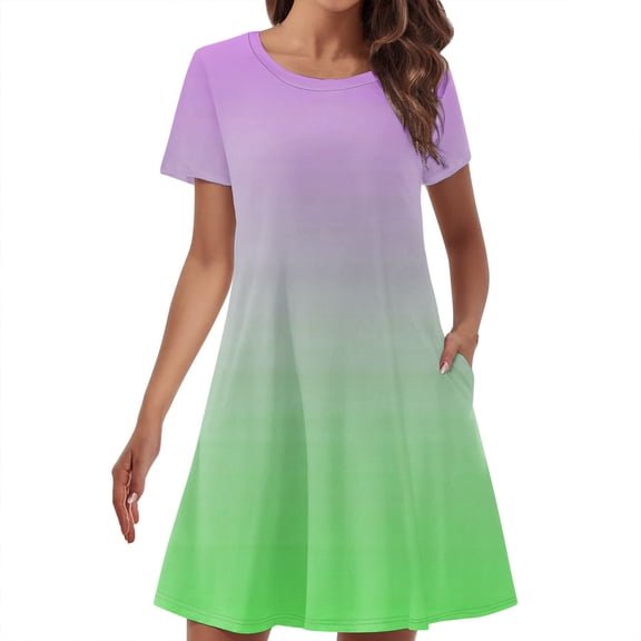 Uaswgudfs 2025 Summer Casual Short Sleeve A-Line Dress for Women - Crew Neck Flared Skirt & Lightweight Fabric for Everyday Green XL