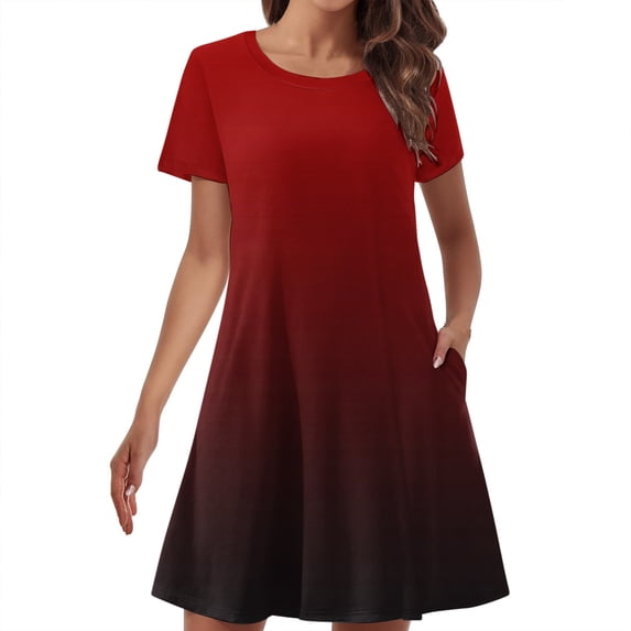 Uaswgudfs 2025 Summer Casual Short Sleeve A-Line Dress for Women - Crew Neck Flared Skirt & Lightweight Fabric for Everyday Red XL