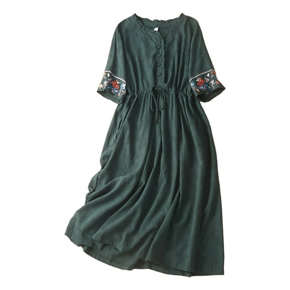 Uaswgudfs 2025 Summer Casual V-Neck Embroidered Dress for Women - Adjustable Waist & Midi Length Lightweight Design Green 2XL