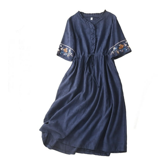 Uaswgudfs 2025 Summer Casual V-Neck Embroidered Dress for Women - Adjustable Waist & Midi Length Lightweight Design Navy M