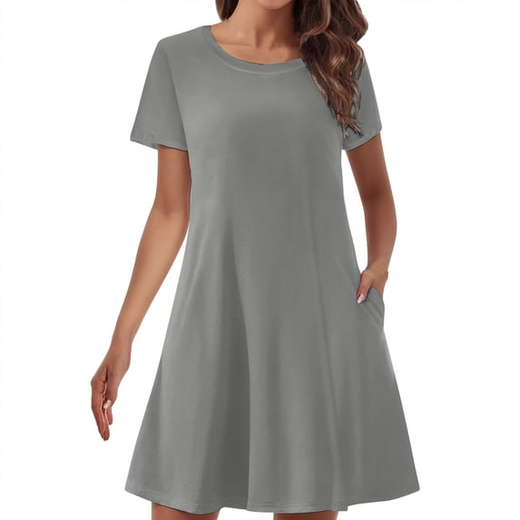 Uaswgudfs 2025 Summer Casual Women's Short Sleeve Midi Dress - A-Line Tiered Ruffle Hem & Round Neck with Pockets for All-Day Comfort Gray 2XL