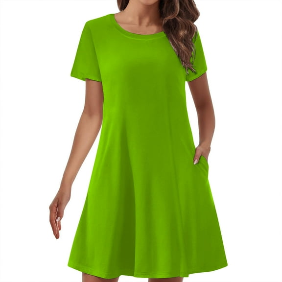 Uaswgudfs ​2025 Summer Casual Women's Short Sleeve Midi Dress - A-Line Tiered Ruffle Hem & Round Neck with Pockets for All-Day Comfort Green S