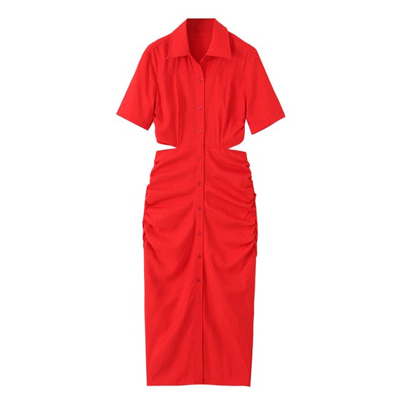 Uaswgudfs 2025 Summer Women’s Casual Midi Dress - Fitted Short Sleeve with Button Front, Waist Ruching & Lightweight Smooth Fabric for Effortless Style Red L