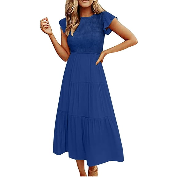 Uaswgudfs ​2025 Women's Casual Ruffle & Tiered Midi Dress​ - Lightweight Breezy Fabric with Layered Skirt Design Blue L