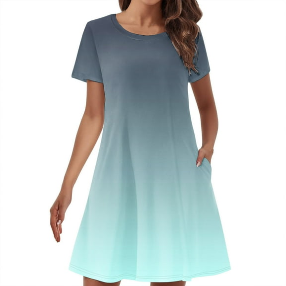 Uaswgudfs 2025 Women's Casual Short Sleeve A-Line Pocket Dress - Summer Round Neck & Flared Skirt for Effortless Daily Wear Dark Blue 2XL
