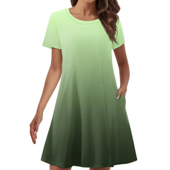 Uaswgudfs 2025 Women's Casual Short Sleeve A-Line Pocket Dress - Summer Round Neck & Flared Skirt for Effortless Daily Wear Green XL