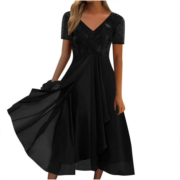 Uaswgudfs 2025 Women's Elegant V-Neck Short Sleeve Dress - Lace Detailing & A-Line Skirt for Summer Events Black XL
