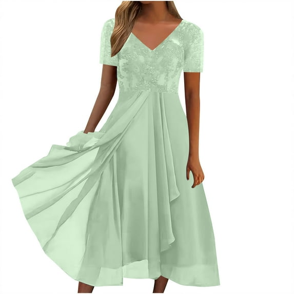 Uaswgudfs 2025 Women's Elegant V-Neck Short Sleeve Dress - Lace Detailing & A-Line Skirt for Summer Events Green 2XL