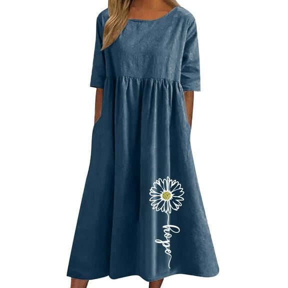 Uaswgudfs 2025 Women's Floral Print Short Sleeve Midi Dress - Relaxed Fit with Inspirational Text & Summer Casual Breathability Navy 2XL