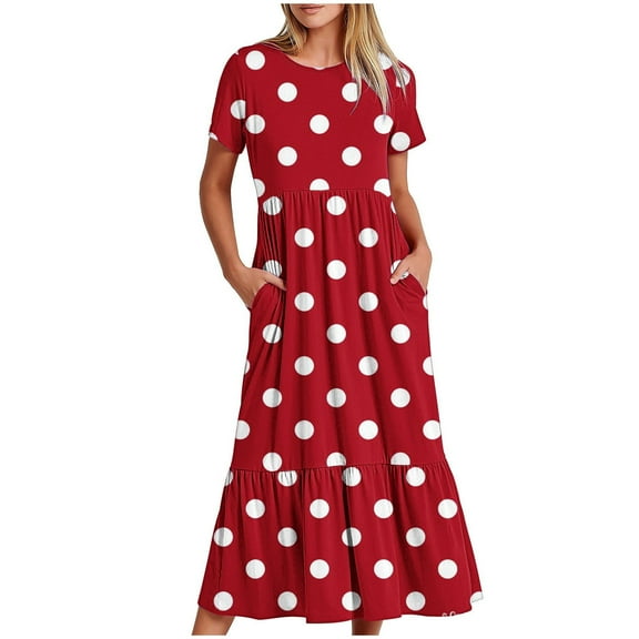 Uaswgudfs ​2025 Women's Polka Dot Tiered Midi Dress - Retro-Inspired Short Sleeve & Summer Casual Effortless Style Red 2XL