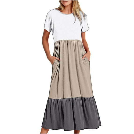 Uaswgudfs 2025 Women's Summer Casual Short Sleeve Midi Dress - Round Neck with Tiered Ruffle Hem & Utility Pockets Khaki M