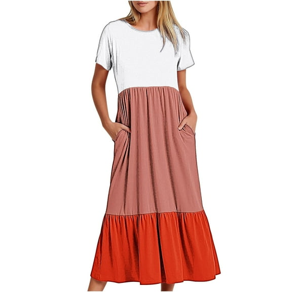 Uaswgudfs 2025 Women's Summer Casual Short Sleeve Midi Dress - Round Neck with Tiered Ruffle Hem & Utility Pockets Orange 2XL