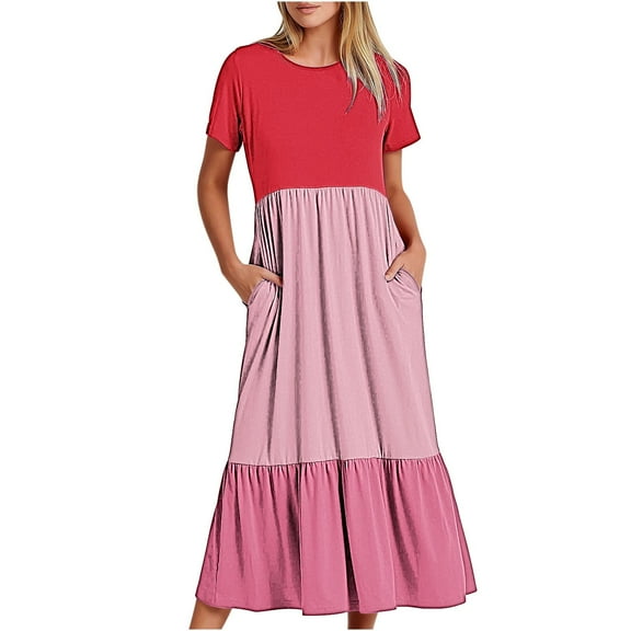 Uaswgudfs 2025 Women's Summer Casual Short Sleeve Midi Dress - Round Neck with Tiered Ruffle Hem & Utility Pockets Red S