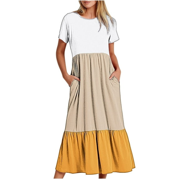 Uaswgudfs 2025 Women's Summer Casual Short Sleeve Midi Dress - Round Neck with Tiered Ruffle Hem & Utility Pockets Yellow 2XL