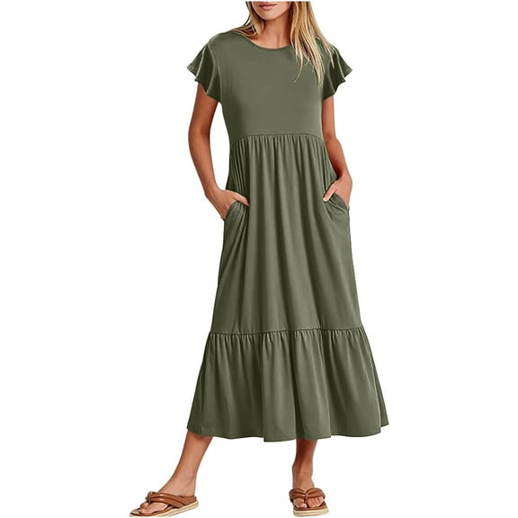 Uaswgudfs 2025 Women's Tiered Midi Dress with Pockets - Summer Casual Short Sleeve & Lightweight Flowy Silhouette Army Green L