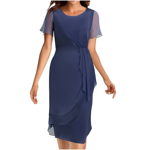 Uaswgudfs 2025 Women's Tiered Ruffle Midi Dress - Short Sleeve Waist-Defined Design for Summer Casual Elegance Navy S