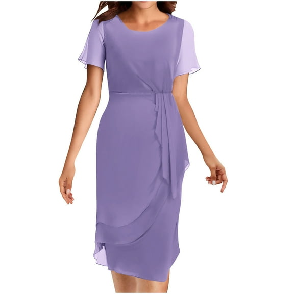 Uaswgudfs 2025 Women's Tiered Ruffle Midi Dress - Short Sleeve Waist-Defined Design for Summer Casual Elegance Purple XL