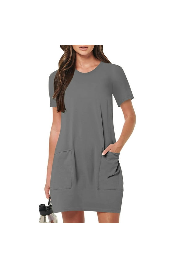 2025 Women's Utility Pocket Short Sleeve Dress - Casual Round Neck Midi Length & Relaxed Fit Summer Essential Dark Gray L