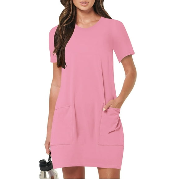 Uaswgudfs ​2025 Women's Utility Pocket Short Sleeve Dress - Casual Round Neck Midi Length & Relaxed Fit Summer Essential Pink L