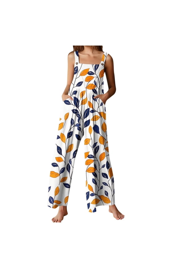 2025 Womens Linen Bib Overalls Summer Floral Printed Patchwork Jumpsuits Casual Boho Romper Wide Harems Pant