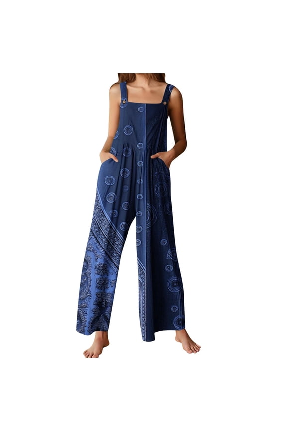 2025 Womens Linen Bib Overalls Summer Floral Printed Patchwork Jumpsuits Casual Boho Romper Wide Harems Pant