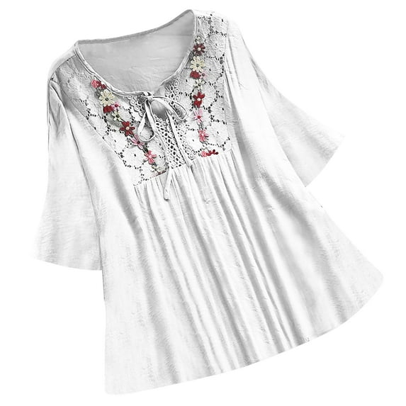 Uaswgudfs 3/4 Length Sleeve Womens Tops Embroidered Flower Shirt Tops Vintage Lace Patchwork Bow V-Neck Dressy T-Shirt, M