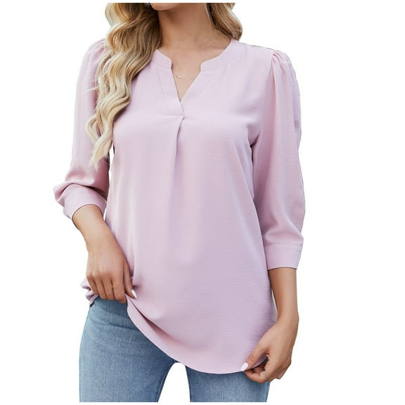 Uaswgudfs 3/4 Sleeve Slim fit Blouses for Womens Business Casual Elegant Chiffon V Neck loose Tops