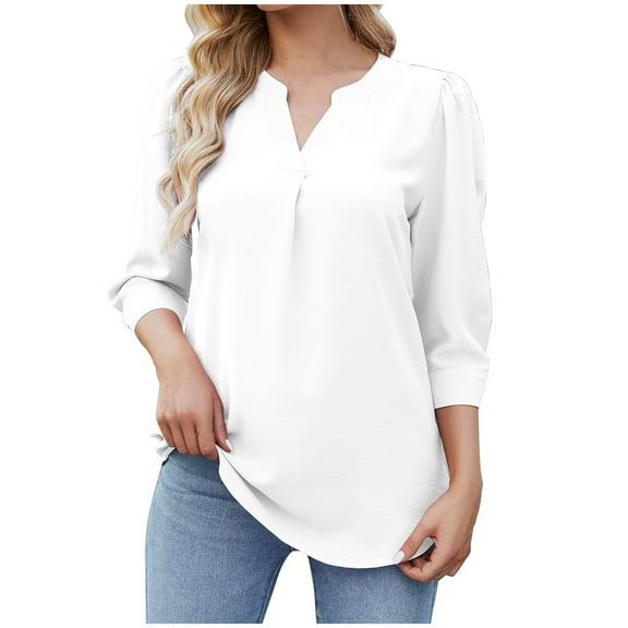 Uaswgudfs 3/4 Sleeve Slim fit Blouses for Womens Business Casual Elegant Chiffon V Neck loose Tops