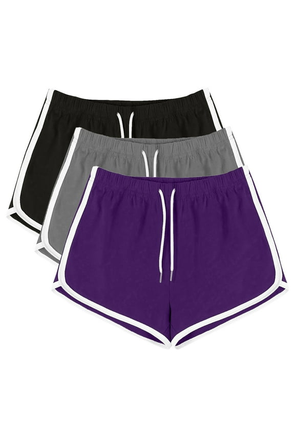 3-piece set Women's Lightweight Breathable Running Shorts - High-Waisted Athletic Shorts with Elastic Waist & Contrast Stripes for Summer Purple L