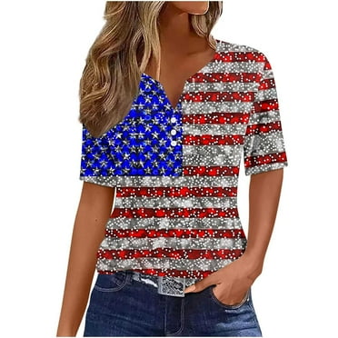 Uaswgudfs ​4th of July Women's Patriotic US Flag Star-Embellished Striped Top - V-Neck Button & Sequined Shirts Multicolor XXL