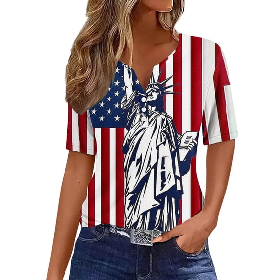 Uaswgudfs 4th of July Women's Star-Embellished US Flag Striped Tee - Patriotic V-Neck Shirts Navy L