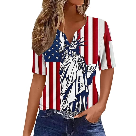 Uaswgudfs 4th of July Women's Star-Embellished US Flag Striped Tee - Patriotic V-Neck Shirts Navy S