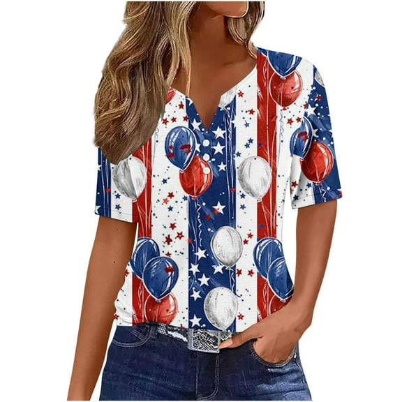 Uaswgudfs ​4th of July Women's Star-Embellished US Flag Striped V-Neck Tee - Patriotic Balloon Accent Casual Shirts Multicolor L