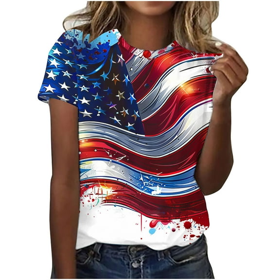 Uaswgudfs ​4th of July Women's Star-Embellished Wavy Striped Crop Top - Patriotic US Flag Splatter Art Independence Day Tops & Shirts Multicolor M