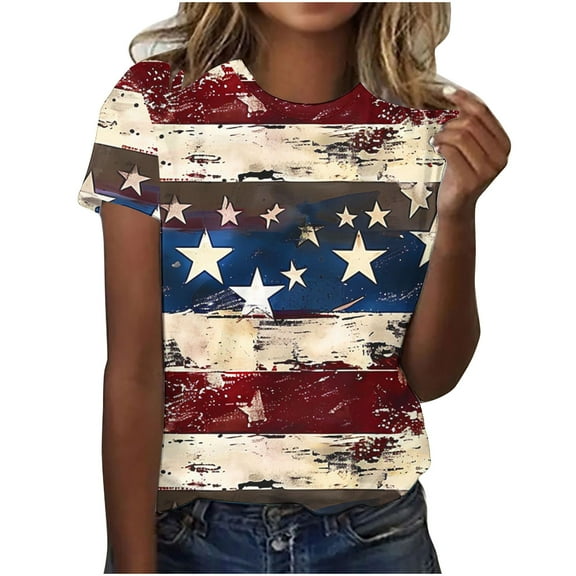 Uaswgudfs ​4th of July Women's Starry Striped US Flag Crew Neck Tee - Vintage Patriotic Tops & Shirts Multicolor L