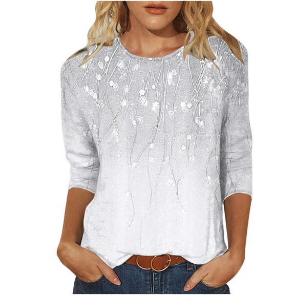 Uaswgudfs Blouse for Women Dressy Trendy Fashion Round-Neck 3/4 Sleeves T Shirt Gradient Color Casual Loose Vine Pattern Basic Tops