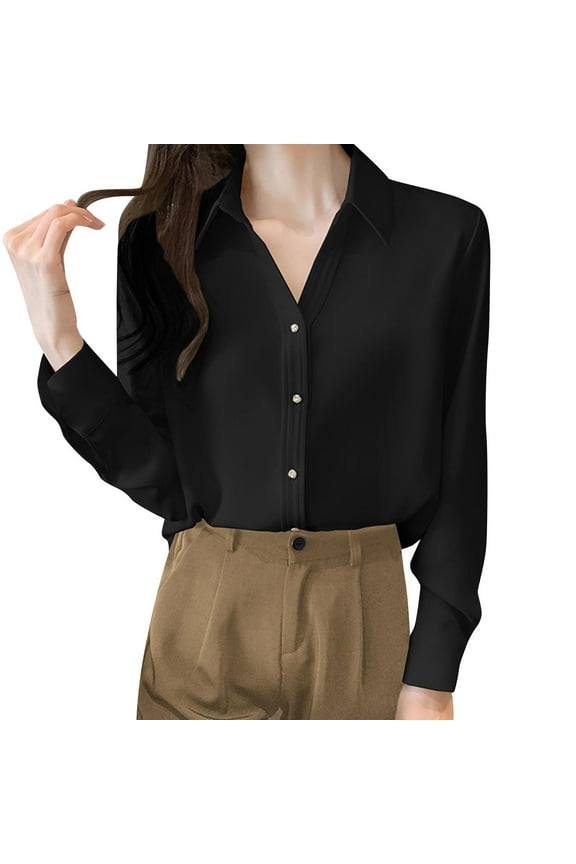 Blouses for Women Dressy Casual Elegant Long Sleeve Blouse, Smooth Lustrous Fabric Relaxed Fit, Classic Point Collar Front Buttons Comfortable Semi-Formal Wear