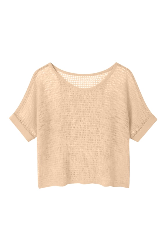 Bohemian Crochet Knit Sweater for Women Open Stitch Beige Top, Casual Womens Summer Tops