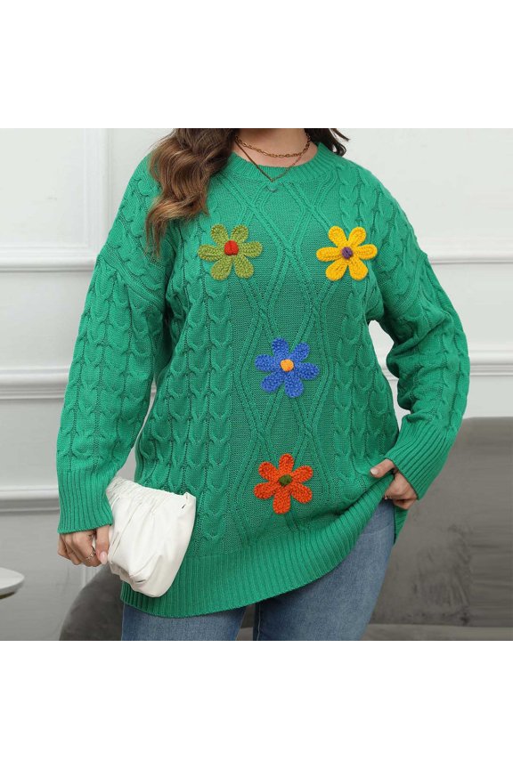 ​Cable Knit Pullover: Oversized Fit & Floral Embroidery, Chunky Warmth​