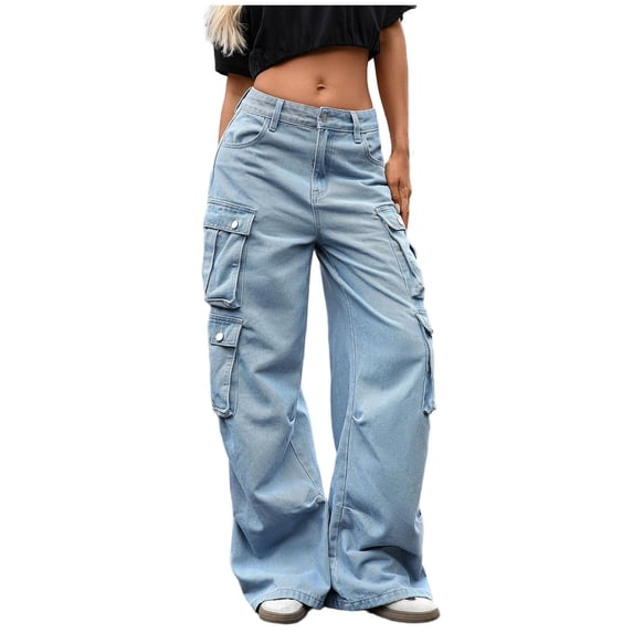 Uaswgudfs Cargo Pants Women High Waist Wide Leg Casual Pants with 7 Pockets Stretchy Drawstring Baggy Y2K Trousers Light Blue S