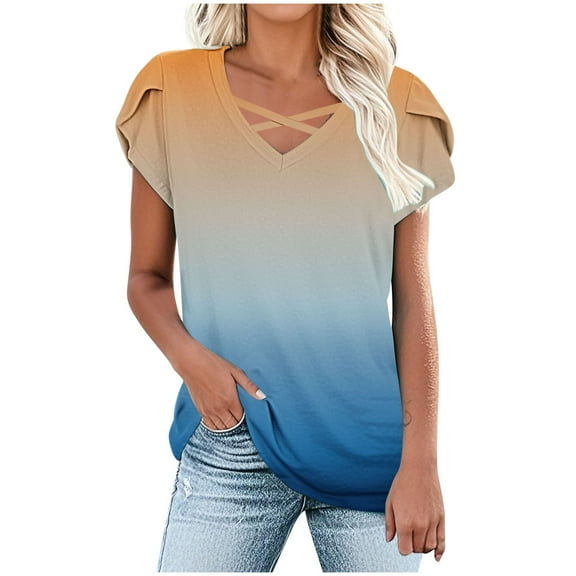 Uaswgudfs ​Casual Shirred Shoulder Women's Blouses​ - V-Neck Crossover Design & Cotton Blend Short Sleeve Summer Tops