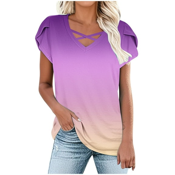 Uaswgudfs Casual Shirred Shoulder Women's Blouses - V-Neck Crossover Design & Cotton Blend Short Sleeve Summer Tops