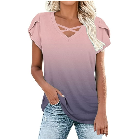 Uaswgudfs ​Casual Shirred Shoulder Women's Blouses​ - V-Neck Crossover Design & Cotton Blend Short Sleeve Summer Tops