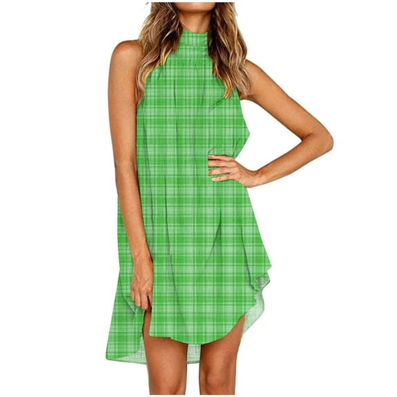 Uaswgudfs Casual Sleeveless Checked Sundress | Summer Dresses for Women 2025 Asymmetric Hem & Lightweight Cotton-Linen Midi Dress Green M