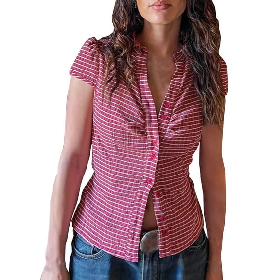 Uaswgudfs Casual Summer Tops: Women's V-Neck Button-Front Short Sleeve Crop Blouse with Waist-Defining Seams, Lightweight Trendy Fabric for Spring/Summer Comfort