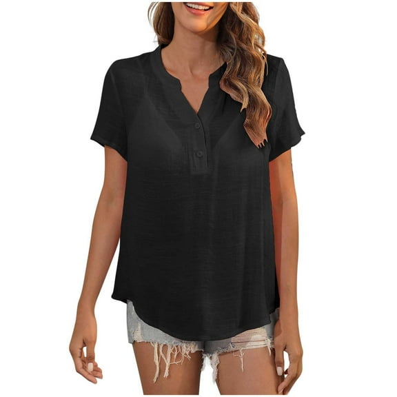Uaswgudfs ​Casual Women Blouses: Button-Front V-Neck Summer Tops with Lightweight Breathable Cotton Blend & Trendy Short Sleeve