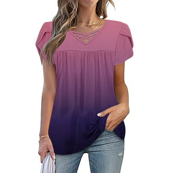 Uaswgudfs ​Casual Women Blouses: Relaxed Fit Short Sleeve V-Neck Summer Tops with Ruched Shoulders & Soft Jersey Fabric