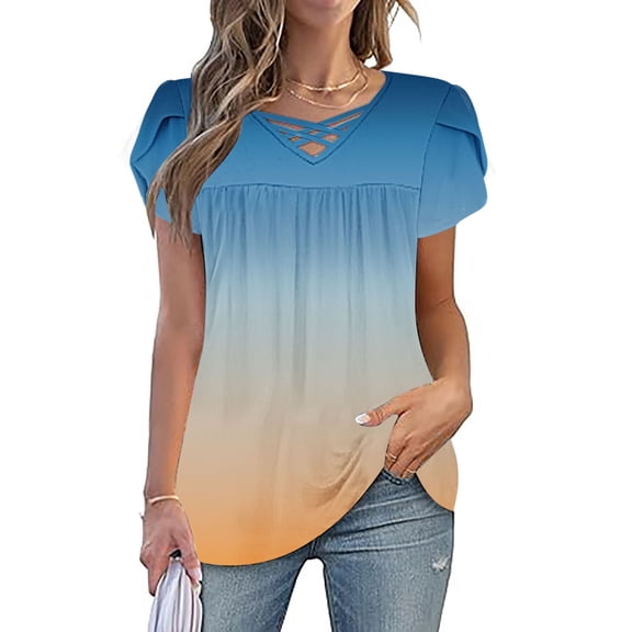 Uaswgudfs ​Casual Women Blouses: Relaxed Fit Short Sleeve V-Neck Summer Tops with Ruched Shoulders & Soft Jersey Fabric