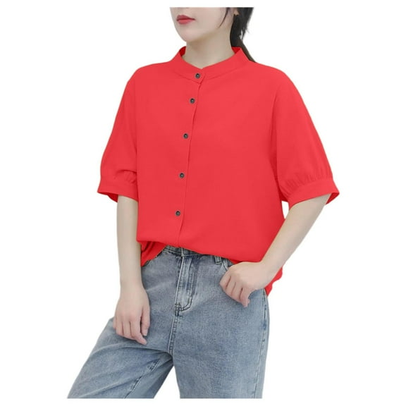 Uaswgudfs Casual Women Blouses: Summer Tops with Mandarin Collar, Button Placket & Elastic Cuffs in Trendy Lightweight Cotton